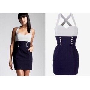 Punkyfish Nautical Sailor Navy Blue & White Mini Dress Sweetheart Neck Sz L-10